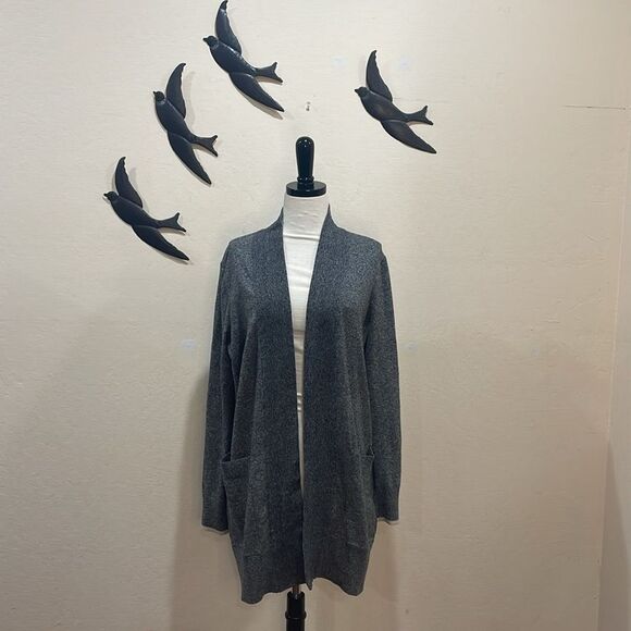 Roots Canada Cotton Blend Marled Dark Gray Open Front Cardigan Striped Cuff - M - Picture 9 of 9